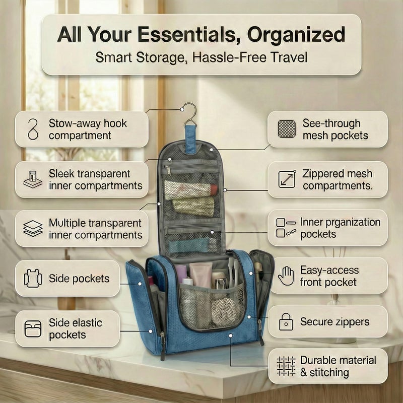 Bago Travel Toiletry Bag for Women and Men - Large Waterproof Hanging Large Toiletry Bag for Bathroom and Travel Bag for Toiletries Organizer -Travel Makeup Bag (SnowBlue) - Image 2